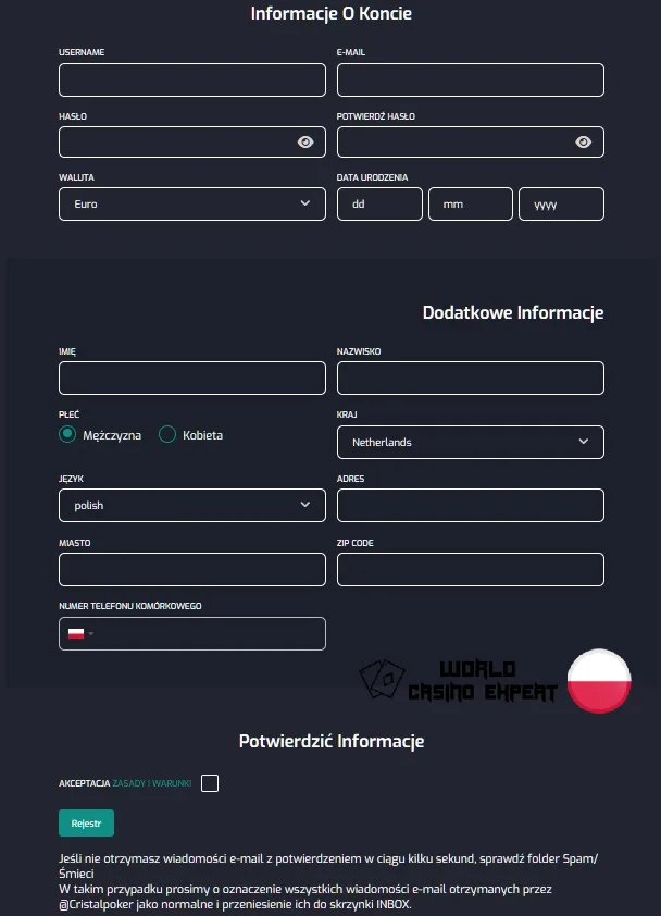 Rejestracja i weryfikacja konta | CristalPoker